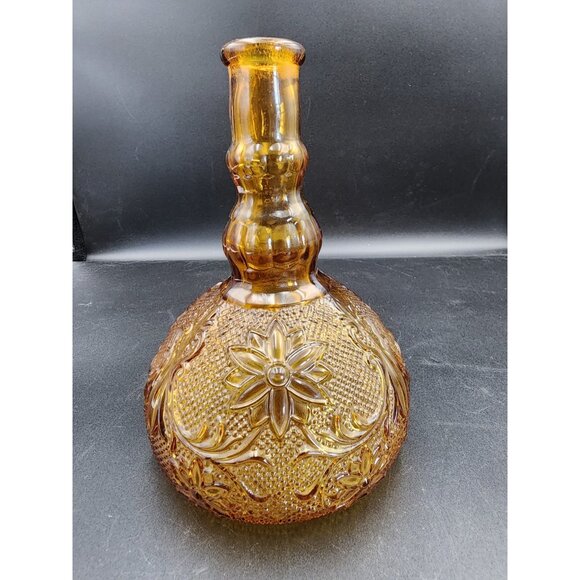 Other - Vintage‎ Clear Amber Squat Decanter Raised Daisy Flower Floral Design MCM